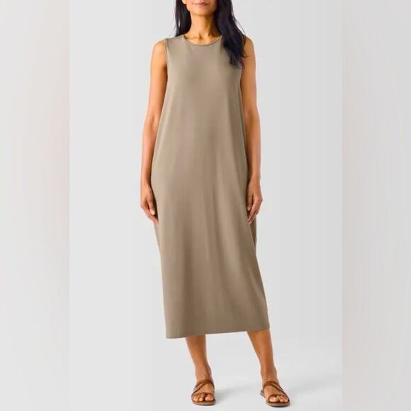 LAFAYETTE 148 Taupe Sleeveless Tank Dress Sz L Long Shift Column Slip Minimalist - Picture 1 of 11